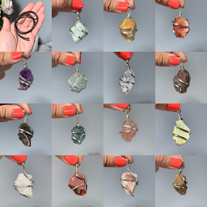 Close ups of hands holding Raw Crystal Pendants That Call to You for meditation and energy work.
