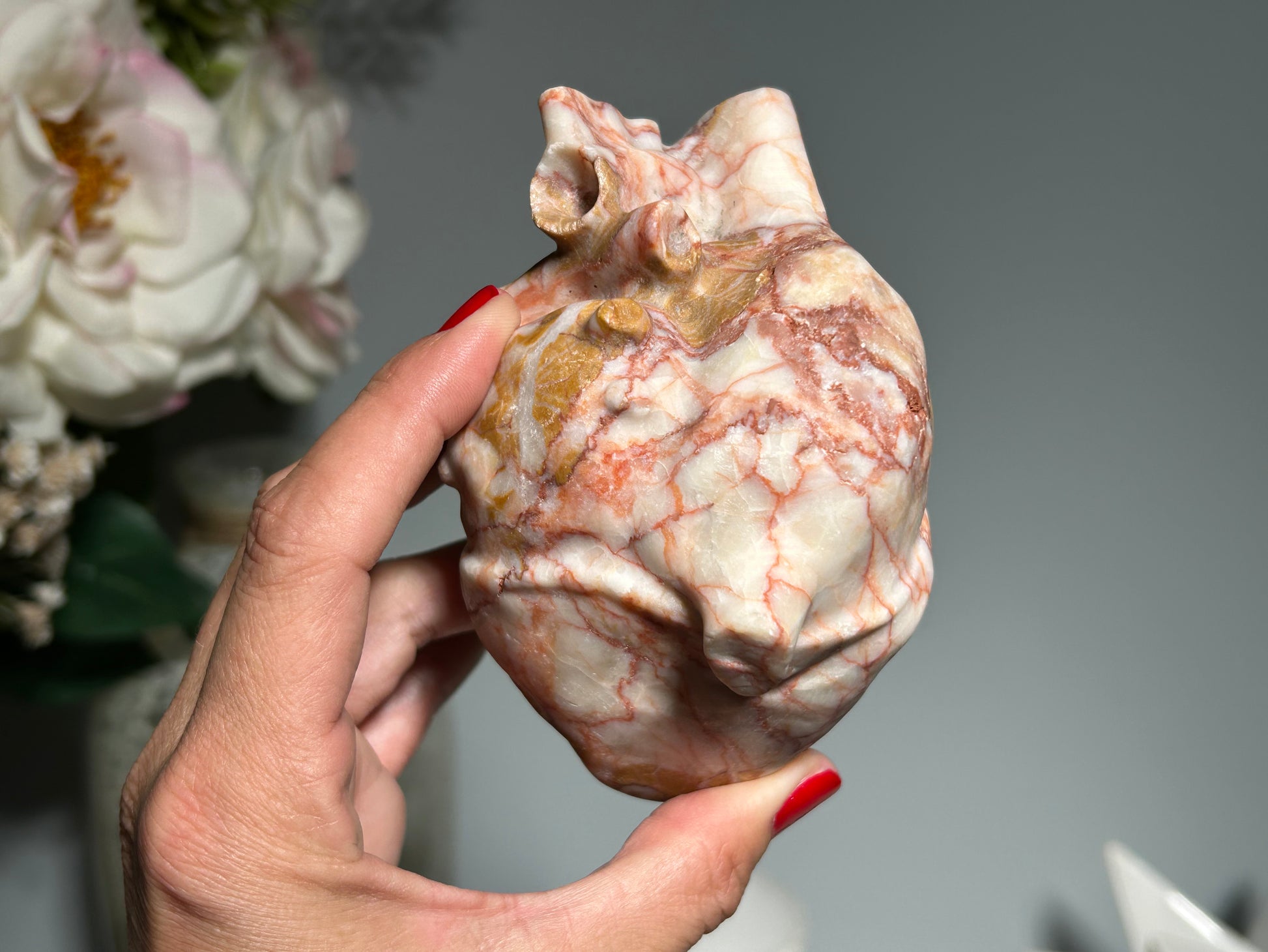 Polished Red Vein Jasper heart healing crystal with natural red mineral patterns from Strong Healer