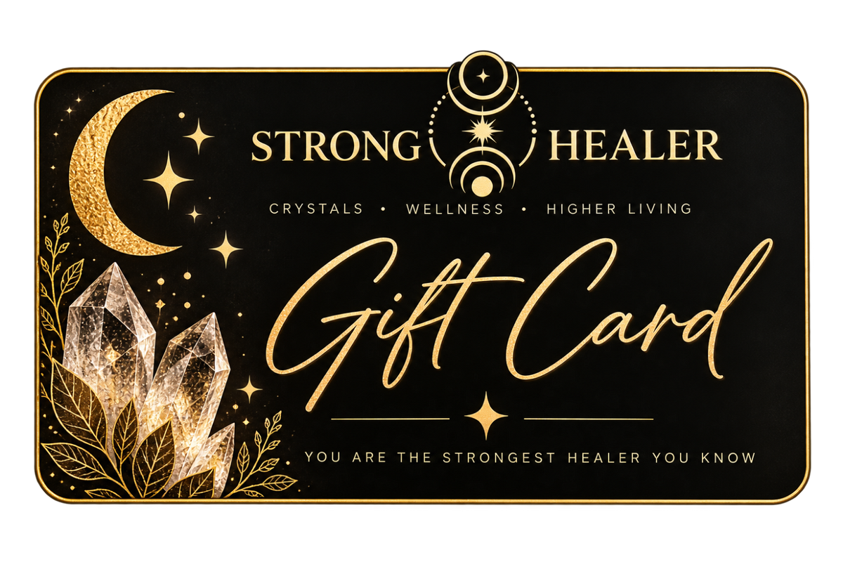 A black and gold gift card with celestial and crystal illustrations, featuring the text 'STRONG HEALER' and 'Gift Card' on a clean white background.