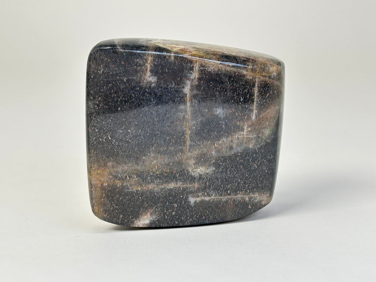 A polished rectangular Sunstone Moonstone Freeform with rounded corners, featuring a dark charcoal gray to black base with natural brown and beige veining, photographed on a light gray background.