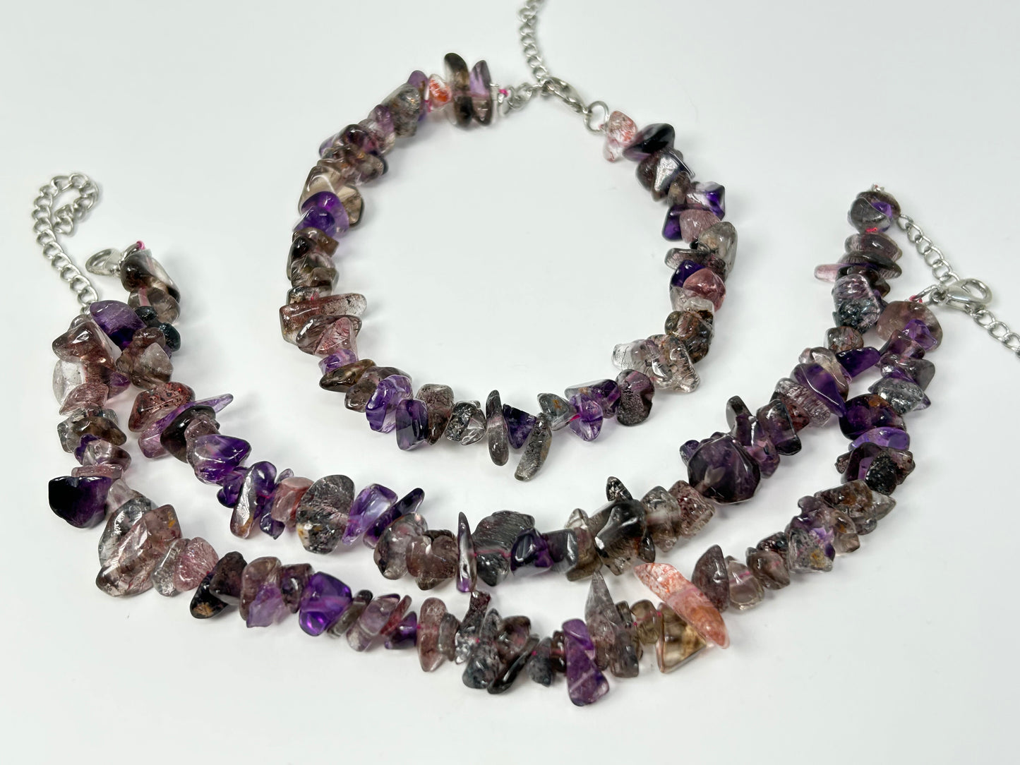 Super 7 Chip Bead Bracelet for meditation and energy work with white background