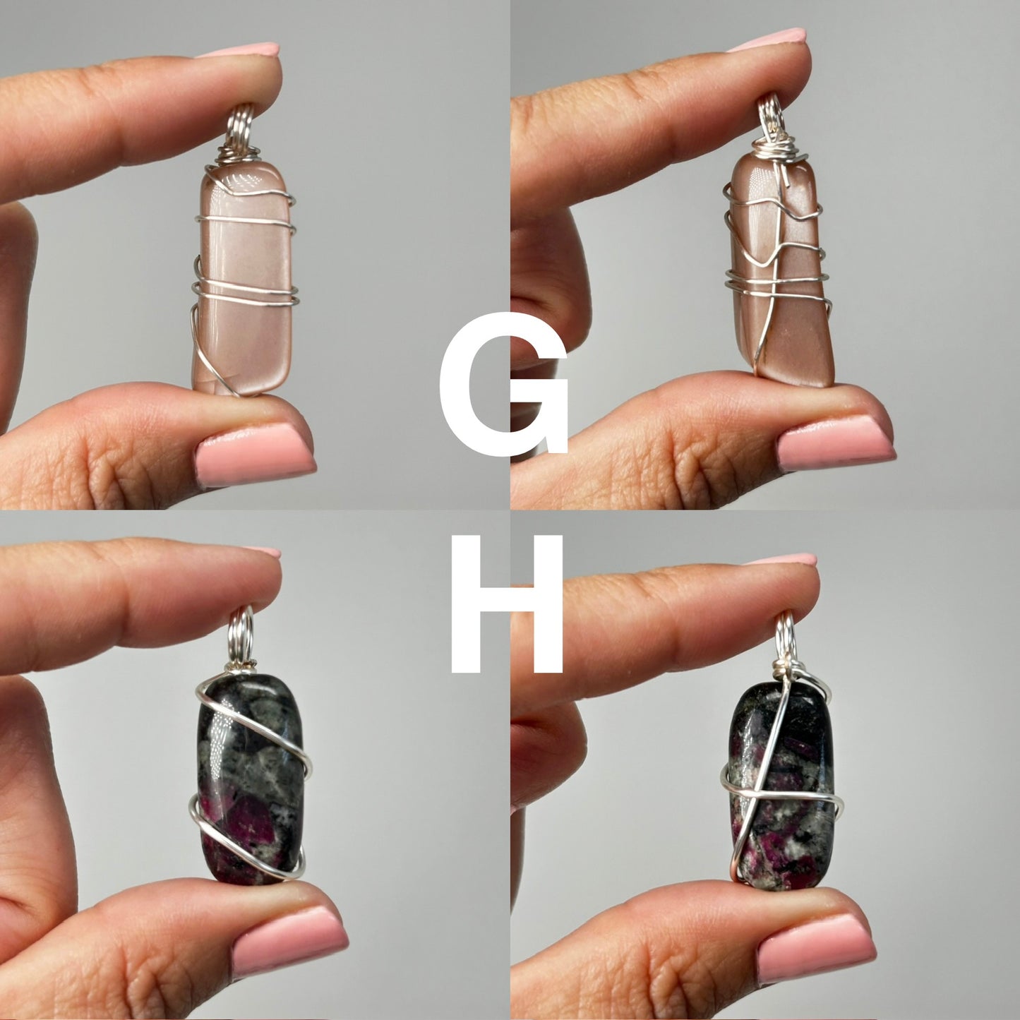 Hands holding Wire Wrapped Crystal Pendants for meditation and energy work with white background.