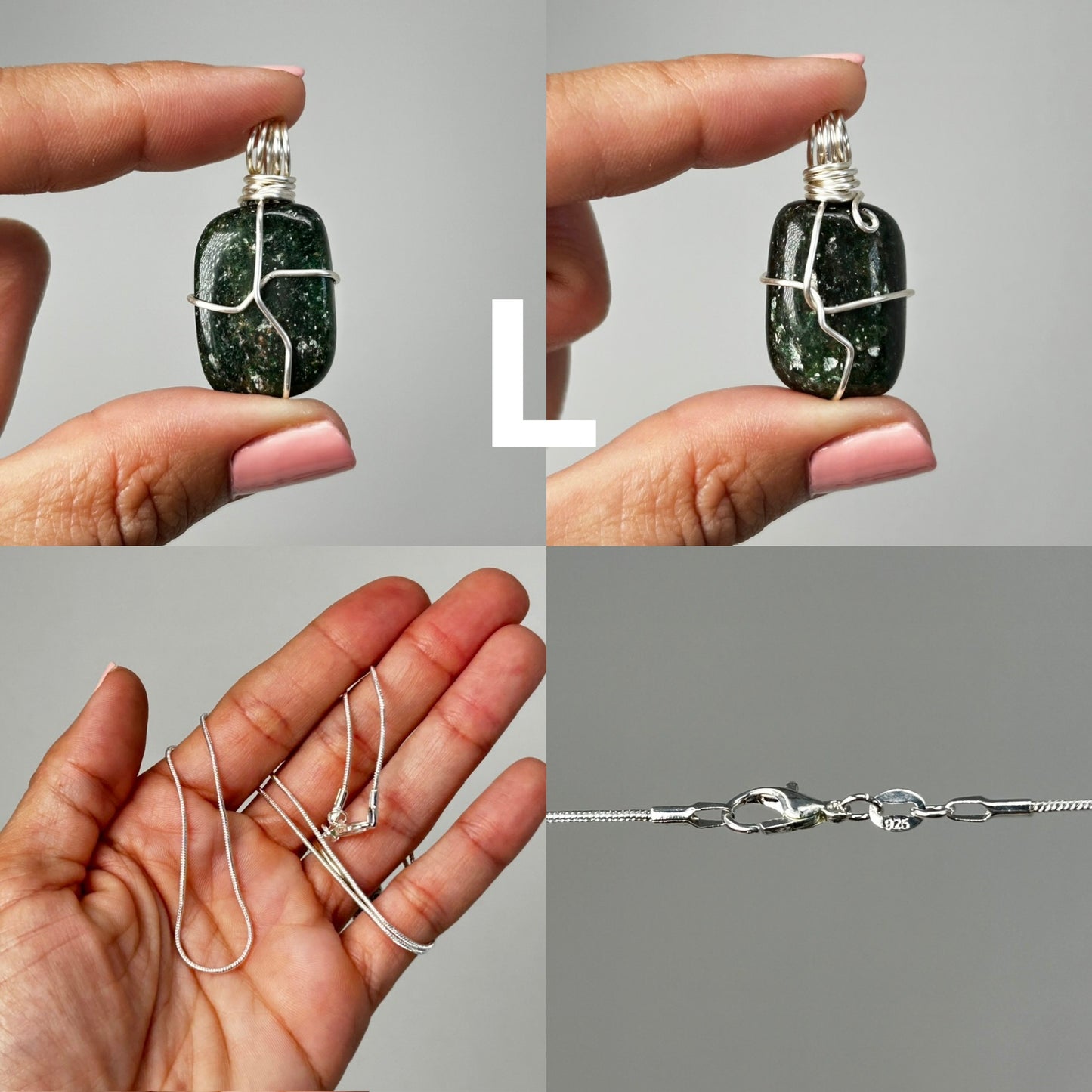 Hands holding Wire Wrapped Crystal Pendants and a silver necklace with white background.