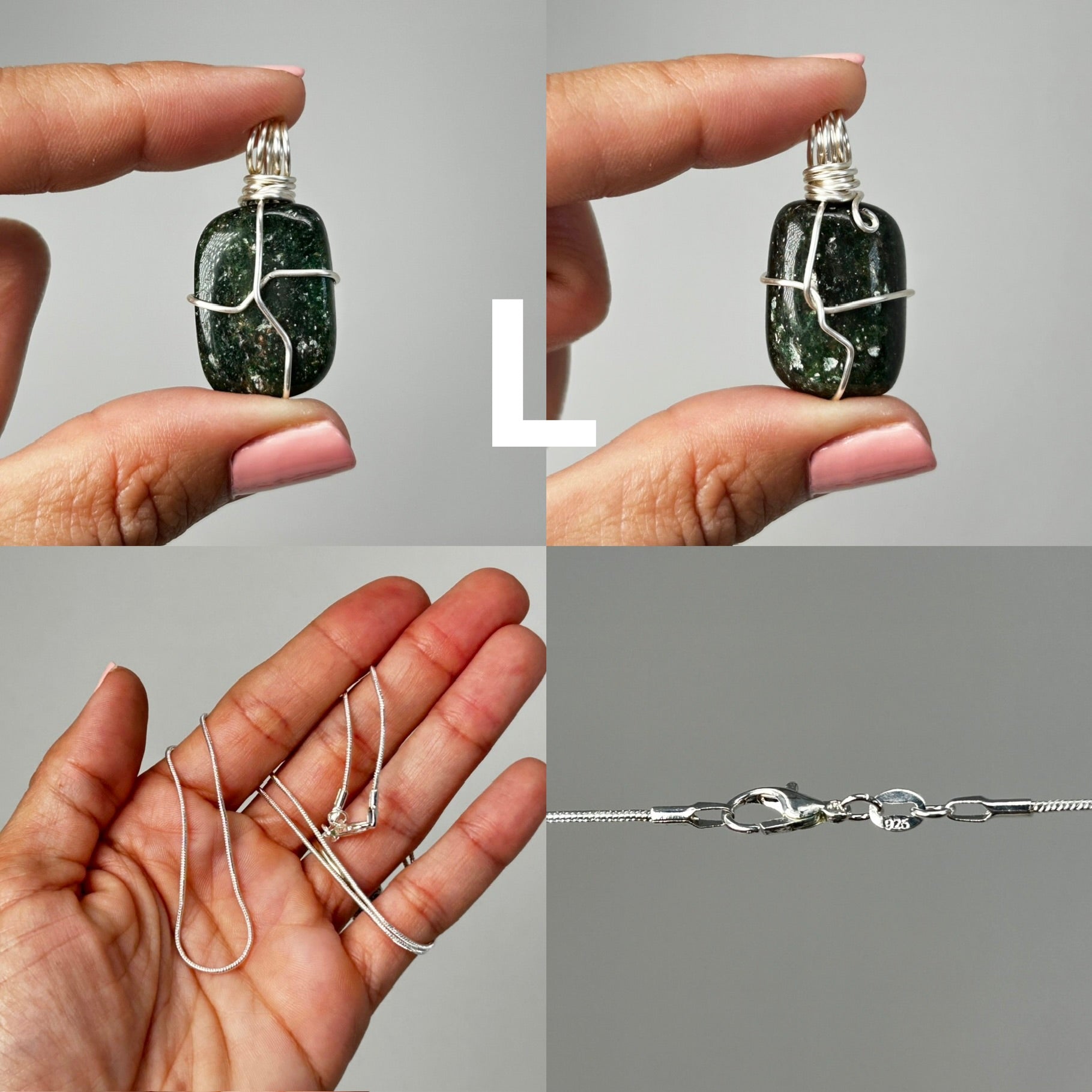 Hands holding Wire Wrapped Crystal Pendants and a silver necklace with white background.