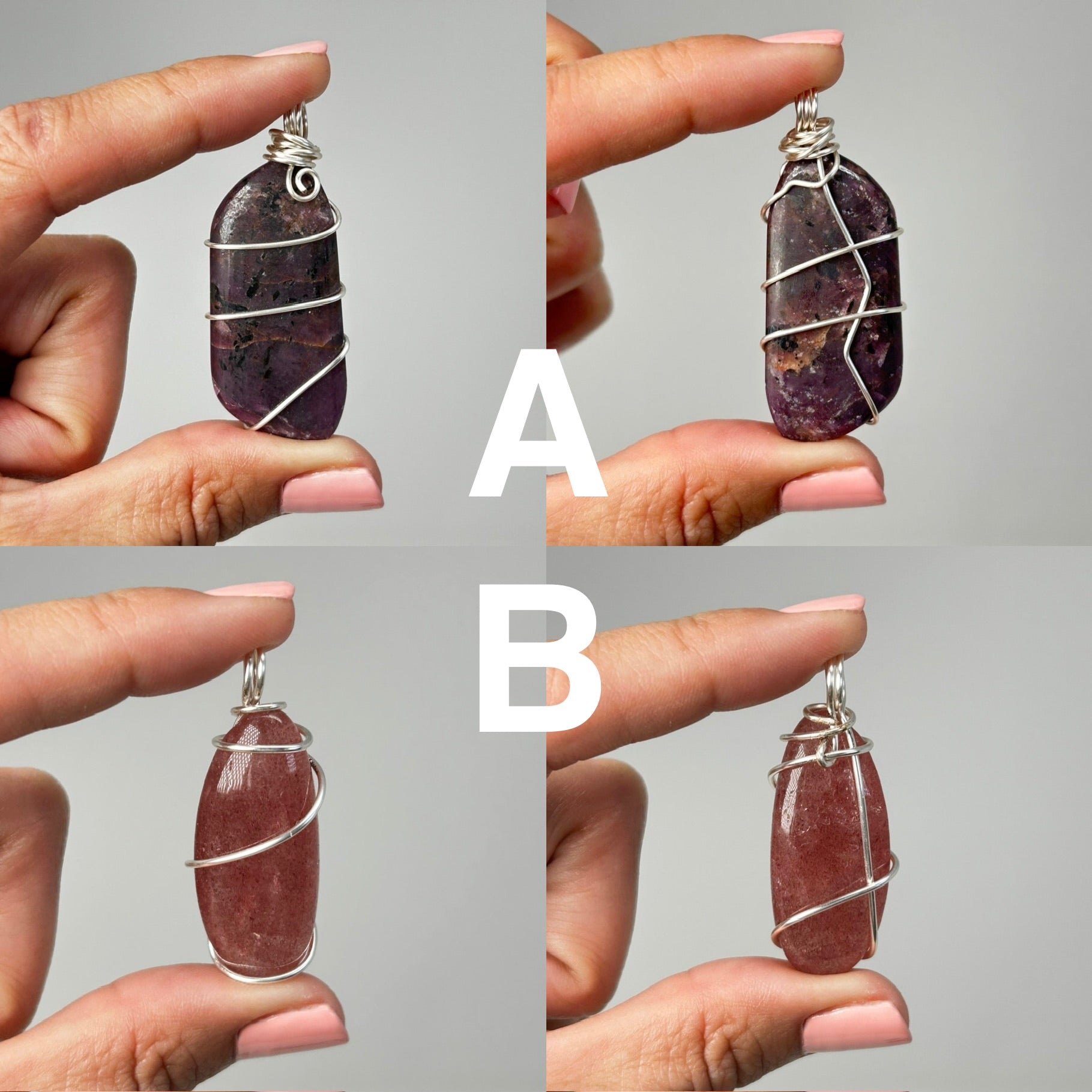 Wire Wrapped Crystal Pendants against white background