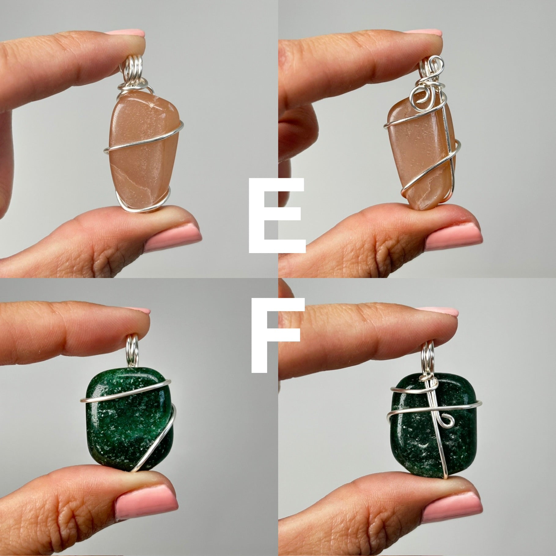 Hands holding Wire Wrapped Crystal Pendants for spiritual healing against white background.