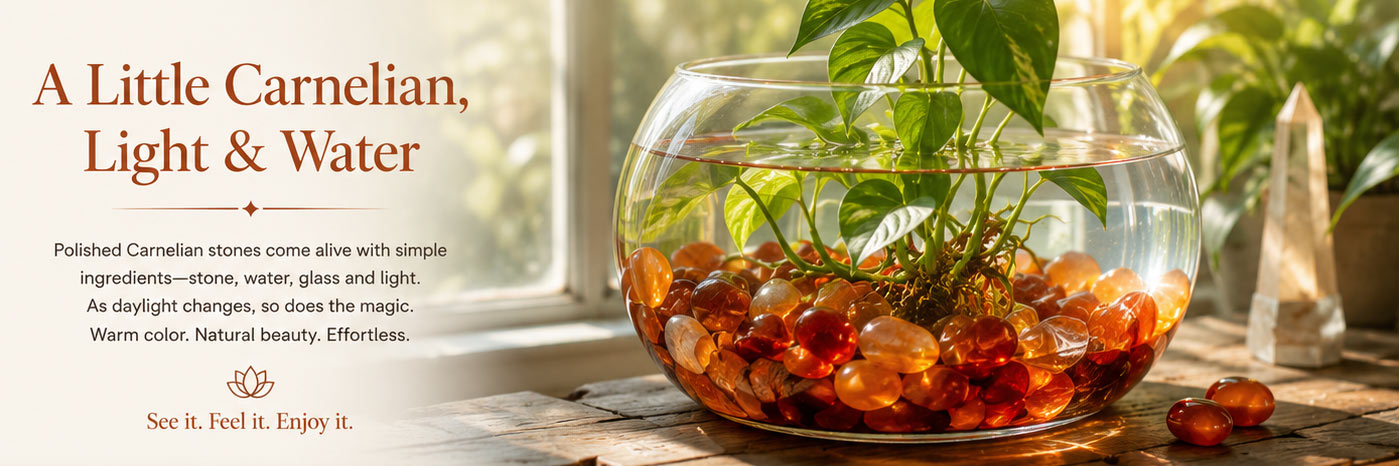 Polished carnelian stones come alive with simple ingredients—water, glass and light. As daylight changes so does the magic. Image shows a rooting plant growing from polished stones in a clear glass bowl of water on a window sill vibrantly shining warm reds, oranges and browns in the sunlight