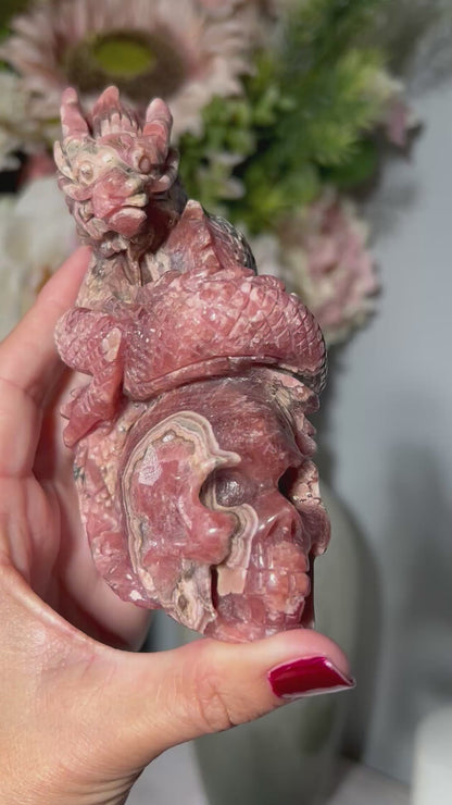 Rhodochrosite Skull with Dragon (4.5", 115mm)