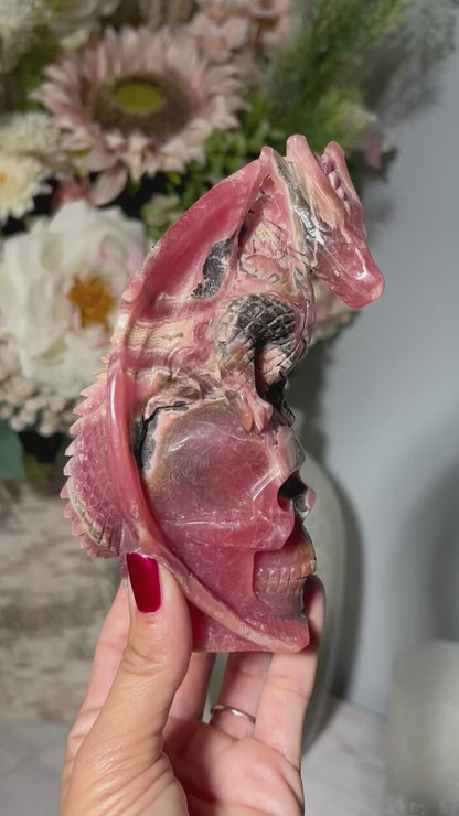 Rhodochrosite Skull with Dragon (5.5", 141mm)