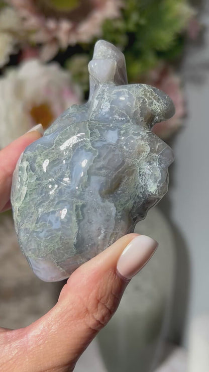 Moss Agate Anatomical Heart (3.4", 88mm)