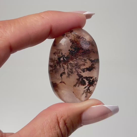 Hand holding a beautiful Oval-shaped Brown Dendritic Fluorite ethically sourced natural healing crystal gemstone for meditation over white background.