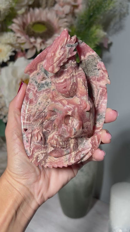 Rhodochrosite Skull with Dragon (5", 127mm)